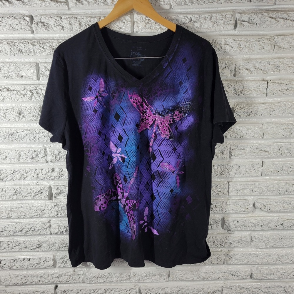 Just My Size Women 3X Tee Dragonfly Glitter V-Neck Cotton Plus Size Shirt